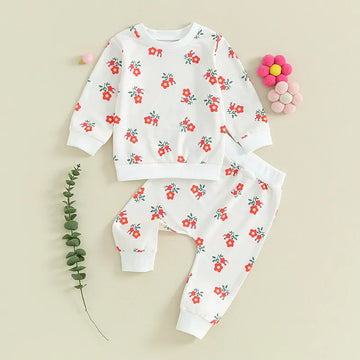 Flower Print Crew Neck Long Sleeve Sweatshirts Long Pants 2Pcs Set