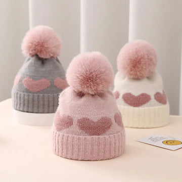 Heart Pattern Plush Pom Knit Beanie