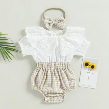 Infant Baby Girls Bodysuit Short Sleeve Crew Neck Ruffled Plaid Patchwork Jumpsuit with Headband