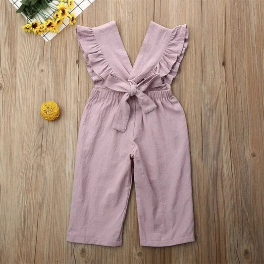Toddler and Baby Frills Romper Solid Cotton Sleeveless V-Neck Jumpsuit Playsuit Outfit