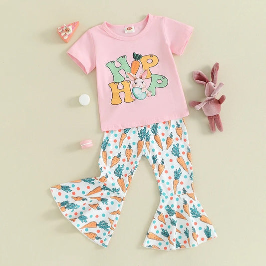 Toddler Baby Girl Easter Outfits Short Sleeve T-Shirt Top Bunny Print Bell-Bottom Flared Pants Clothes Set