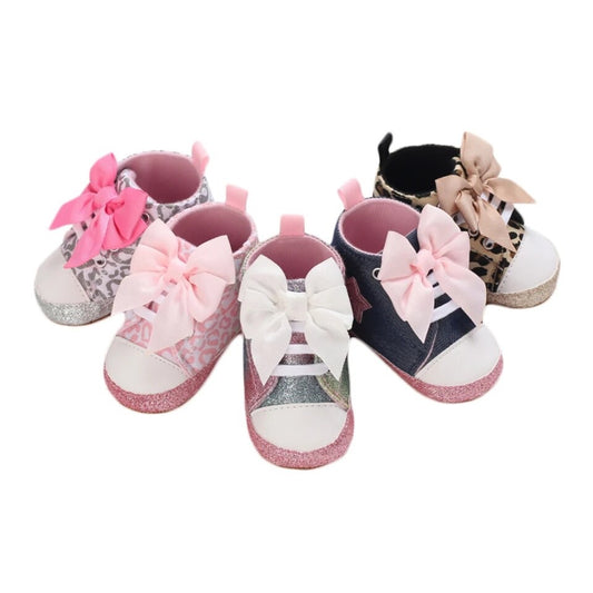 Newborn Baby Girl Shoes Leopard / Star Printed Bowknot Walking Soft-Soled First Walker Shoes
