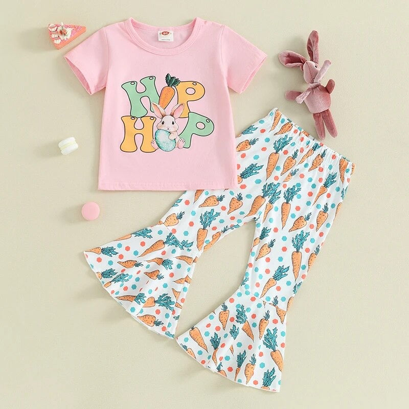 Toddler Baby Girl Easter Outfits Short Sleeve T-Shirt Top Bunny Print Bell-Bottom Flared Pants Clothes Set