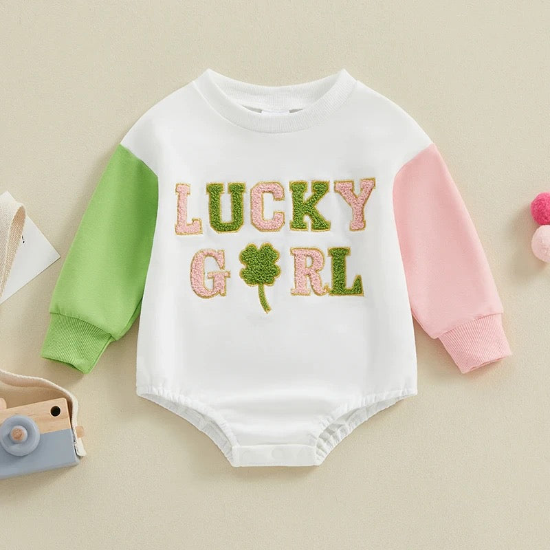 Baby Saint Patrick's Day Romper Long Sleeve Crew Neck Embroidery Letters Shamrock Jumpsuit