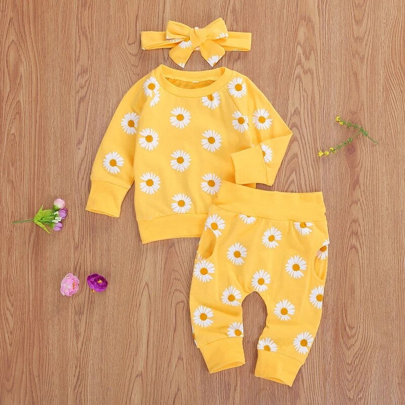 Yellow Daisy Printed Cotton Top Long pants 2Pcs Outfit