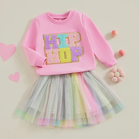 Toddler Kids Baby Girl Easter Outfit Long Sleeve Letter Embroidery Sweatshirt Tulle Tutu Skirt