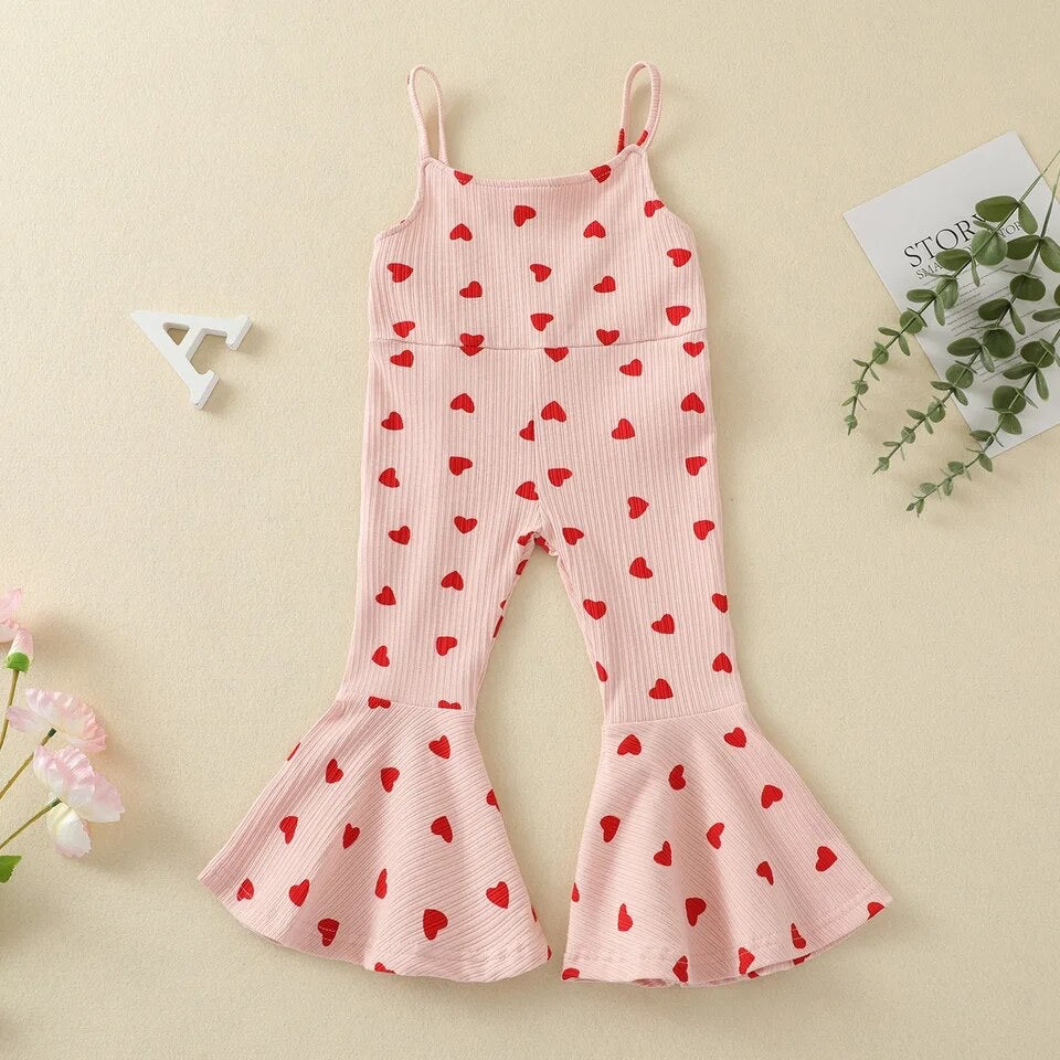 Toddler Baby Girl Valentine's Day Romper Sleeveless O-Neck Strap Heart Printed Jumpsuit Flared Pants