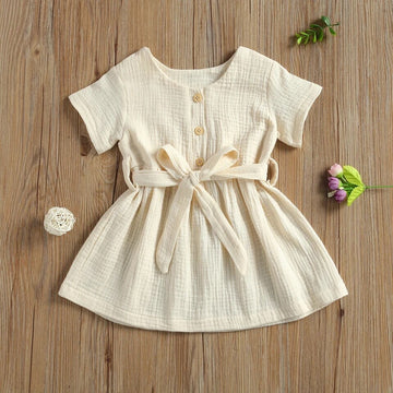 Baby Girl’s Casual Short-sleeved Dress with Belt Solid Button High Waist A-line Dress