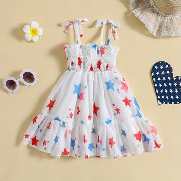 Independence Day Sleeveless Stars Print Pleated Summer A-line Dress