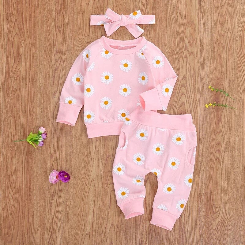 Pink Daisy Printed Cotton Top Long pants 2Pcs Outfit