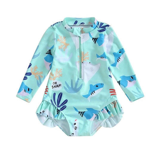 Toddler Baby Girl Swimsuit Zip Baby Shark Swimwear Ruffle Long Sleeve Bathing Suit we
