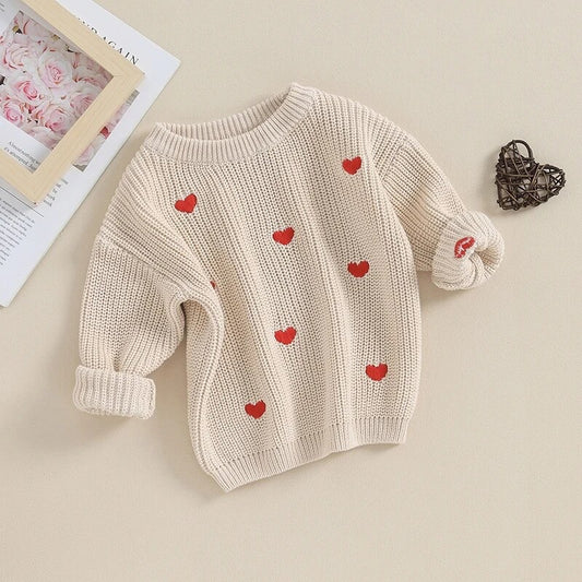 Baby Girl Knit Sweater Love Heart Embroidery Sweatshirt Pullover Tops Infant Valentine's Day Clothes
