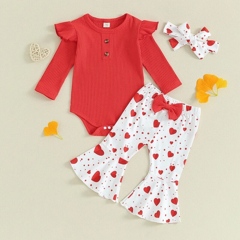 Baby Girl Valentines Day Outfit Ruffle Long Sleeve Ribbed Romper Top with Flared Pants