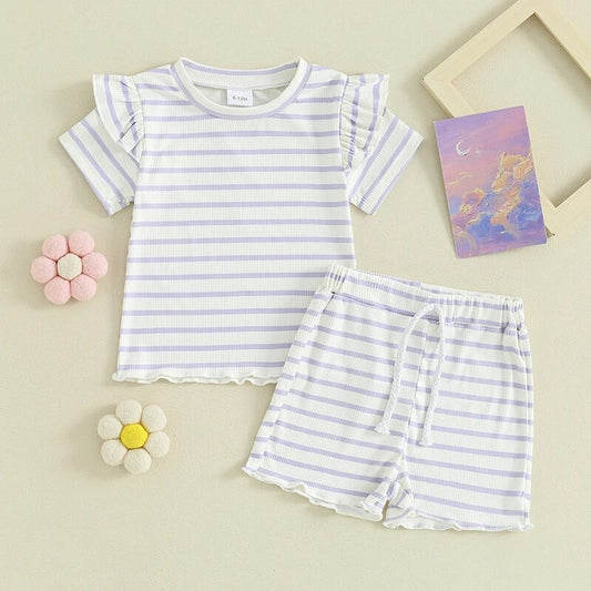 Toddler Baby Girl Summer Outfit Waffle Knit Frilly Short Sleeve T-Shirt Shorts Set 2Pcs Clothes Set