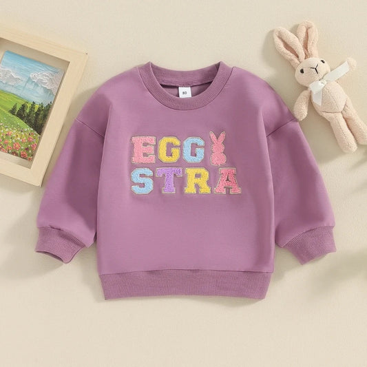 Easter Rabbit Letter Fuzzy Embroidery Long Sleeve Pullover Top