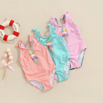 Toddler Baby Girl Bodysuit Sleeveless Striped O-Neck  Ice Cream Printed Crew Neck Patchwork Beach Jumpsuit