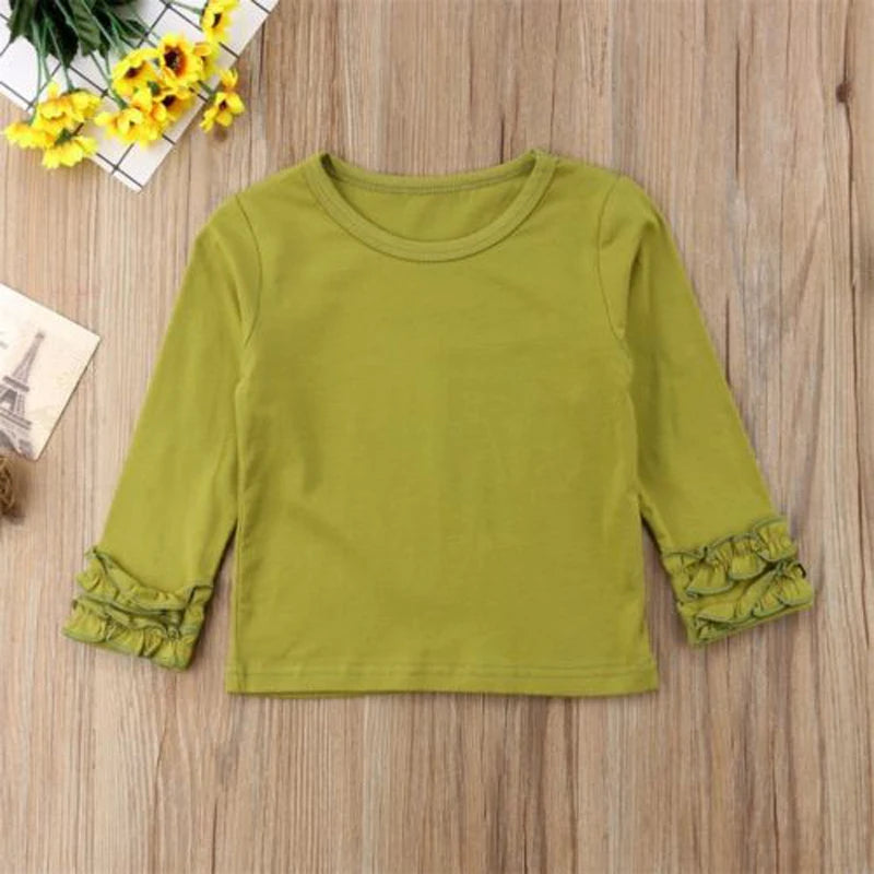 Long Sleeve Kids Solid Color Tops with Ruffle Sleeves