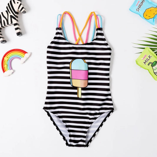 Ice Cream Striped Printed Bathing Suit
