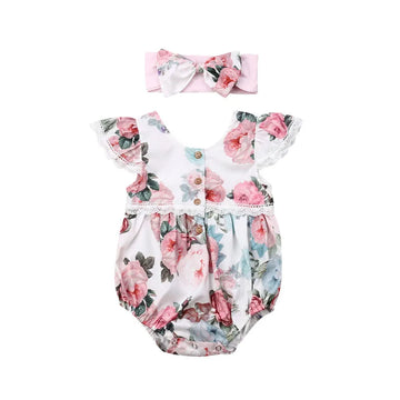 Baby Girl Fashion Summer Romper Off Shoulder Floral Printed Jumpsuit Headband 2Pcs Set