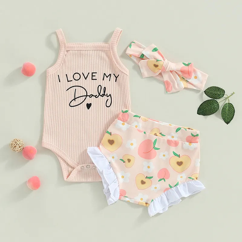 Infant Baby Girls Summer 3PCS Outfit Sets Sleeveless Letter Print Romper Peach Print Shorts