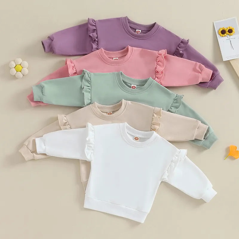 Toddler Kids Baby Boy Girl Crewneck Sweatshirt Cotton Long Sleeve Solid Color Pullover