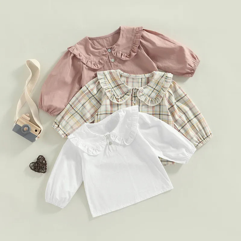 Plaid/Solid Doll Collar Long Sleeve Shirts Fashion Tops