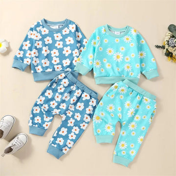 Baby Girl 2Pcs Spring Outfit Long Sleeve Floral Sweatshirt Pullover Pocket Pants Set