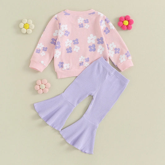Print Pullover Tops Flare Pants Set Toddler Spring Clothes