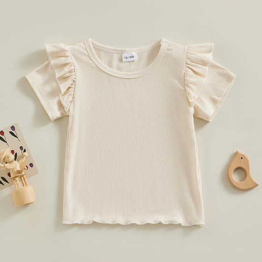 Baby Girls Short Sleeve T-Shirt Tee Ruffled Fly Sleeve Solid Basic Tops