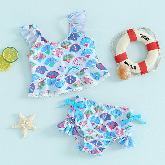 Toddler Baby Girl Swimsuit Mermaid Bikini Set Fish Scale Lace Ruffle Tankini