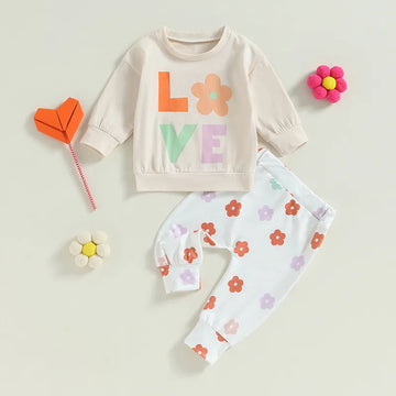Toddler Girl 2Pcs Fall Outfits Long Sleeve Letter Print Sweatshirt Floral Pants Set