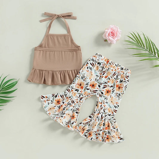 Baby Girls 2Pcs Summer Clothing Set Halterneck Vest with Flower Print Flare Pants