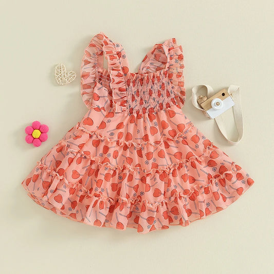 Baby Girl Valentine’s Day Dress Ruffle Sleeveless Heart Print Smocked Dress