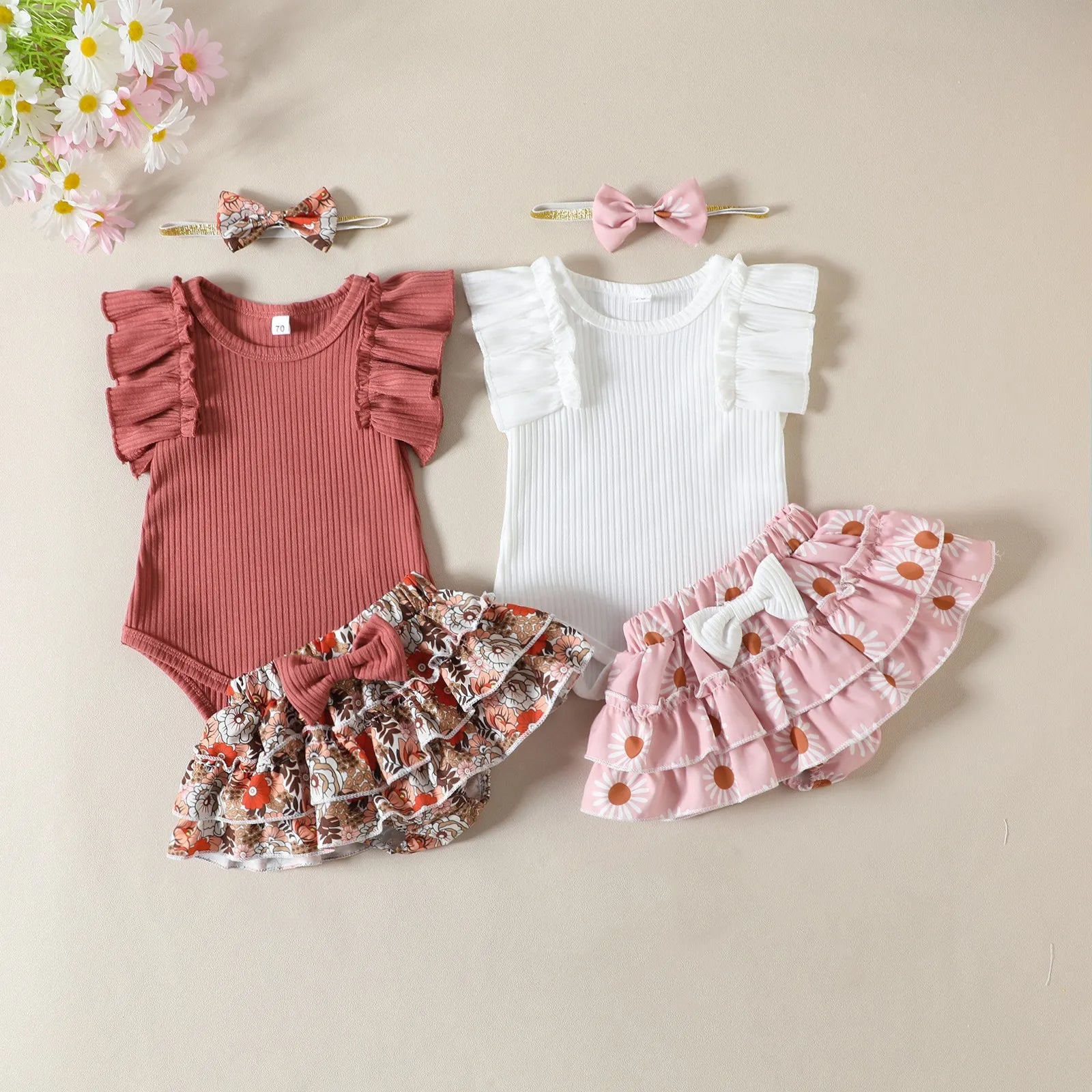 Baby Girls 3Pcs Summer Outfit Sets Ruffle Sleeve Ribbed Romper with Floral Bottoms