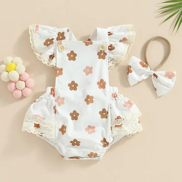 Baby Girls Bodysuit 2Pcs Set Flower Print Fly Sleeve Lace Patchwork Jumpsuit