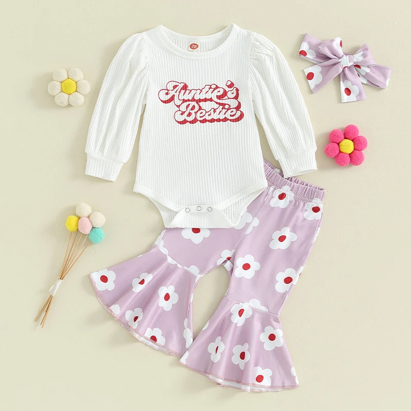 Baby Girls Clothes Sets Long Sleeve Letter Print Ribbed Romper Floral Flared Pants