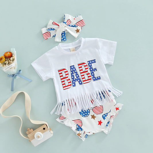 Baby Girl 3Pcs Independence Day Summer Clothing Letter Printed Shirt Stars and Jewelry Shorts