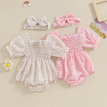 Newborn Baby Girls Rompers Short Sleeve Plaid Romper with Headband Summer Clothes Set