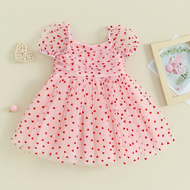 Baby Girl Valentine’s Day Dress Short Puff Sleeve Heart Print Tulle Dress Cute Girls Mesh Lace Princess Dress