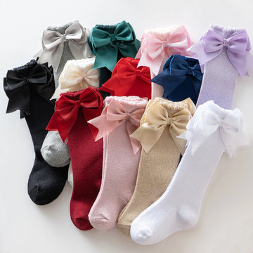 Girls Solid Color Mid-Calf Length Stocking with Bowknot