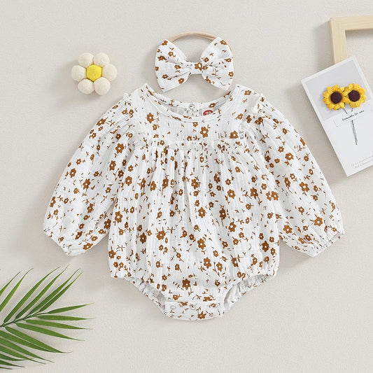 Infant Toddler Girls Baby Clothes Cotton Floral Long Sleeve Jumpsuit with Headband
