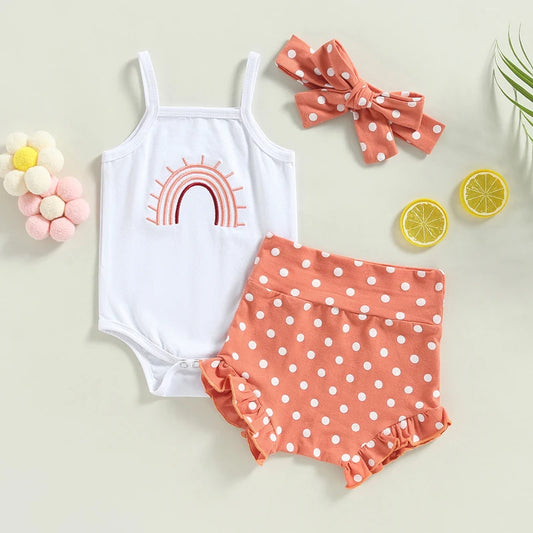 Baby Girls Polka Dots 3Pcs Summer Outfits Rainbow Strap Sleeveless Bodysuit Top Shorts Headband Set