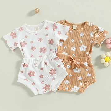 Baby Girl 2Pcs Summer Outfits Short Sleeve Waffle Knit Floral Shorts Set