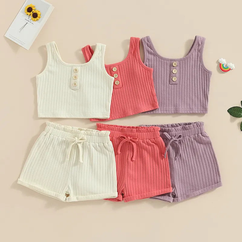 2Pcs Summer Sleeveless Knitting Vest Tops Solid Drawstring Shorts