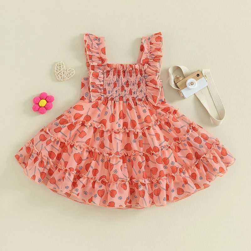Baby Girl Valentine’s Day Dress Ruffle Sleeveless Heart Print Smocked Dress