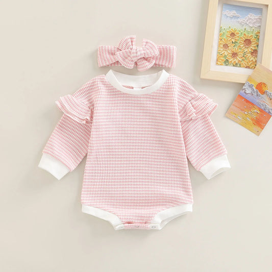 2Pcs Baby Girl Fall Outfit Stripe Patchwork Ruffle Long Sleeve Romper Hairband Set