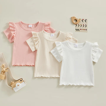 Baby Girls Short Sleeve T-Shirt Tee Ruffled Fly Sleeve Solid Basic Tops