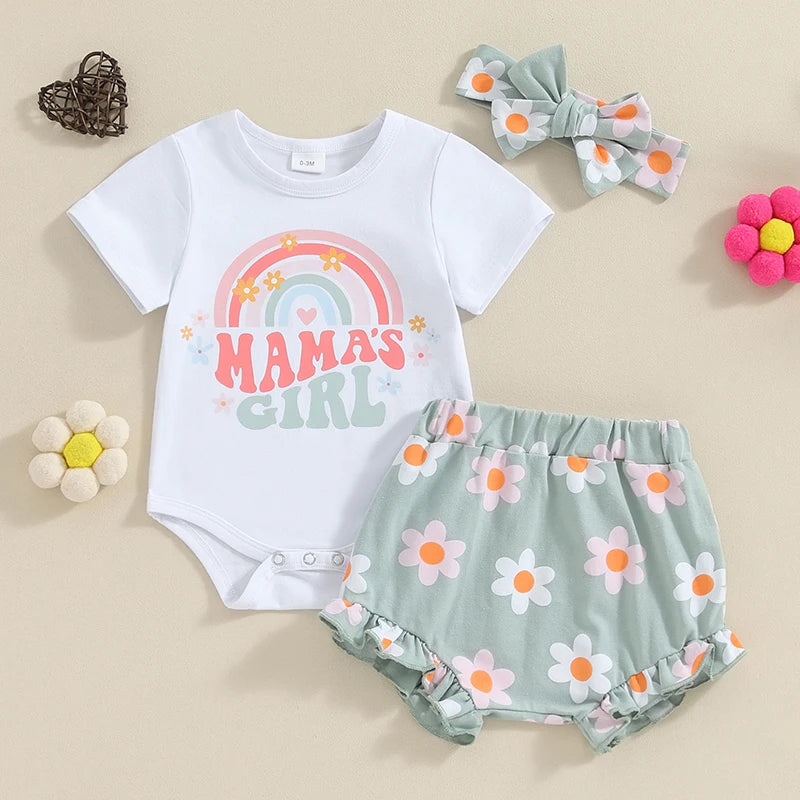 Baby Girl Rainbow Print Short Sleeve Rompers Flower Print Shorts