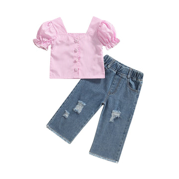 Girl 2Pcs Short Sleeve Striped Pink Shirt Denim Pants