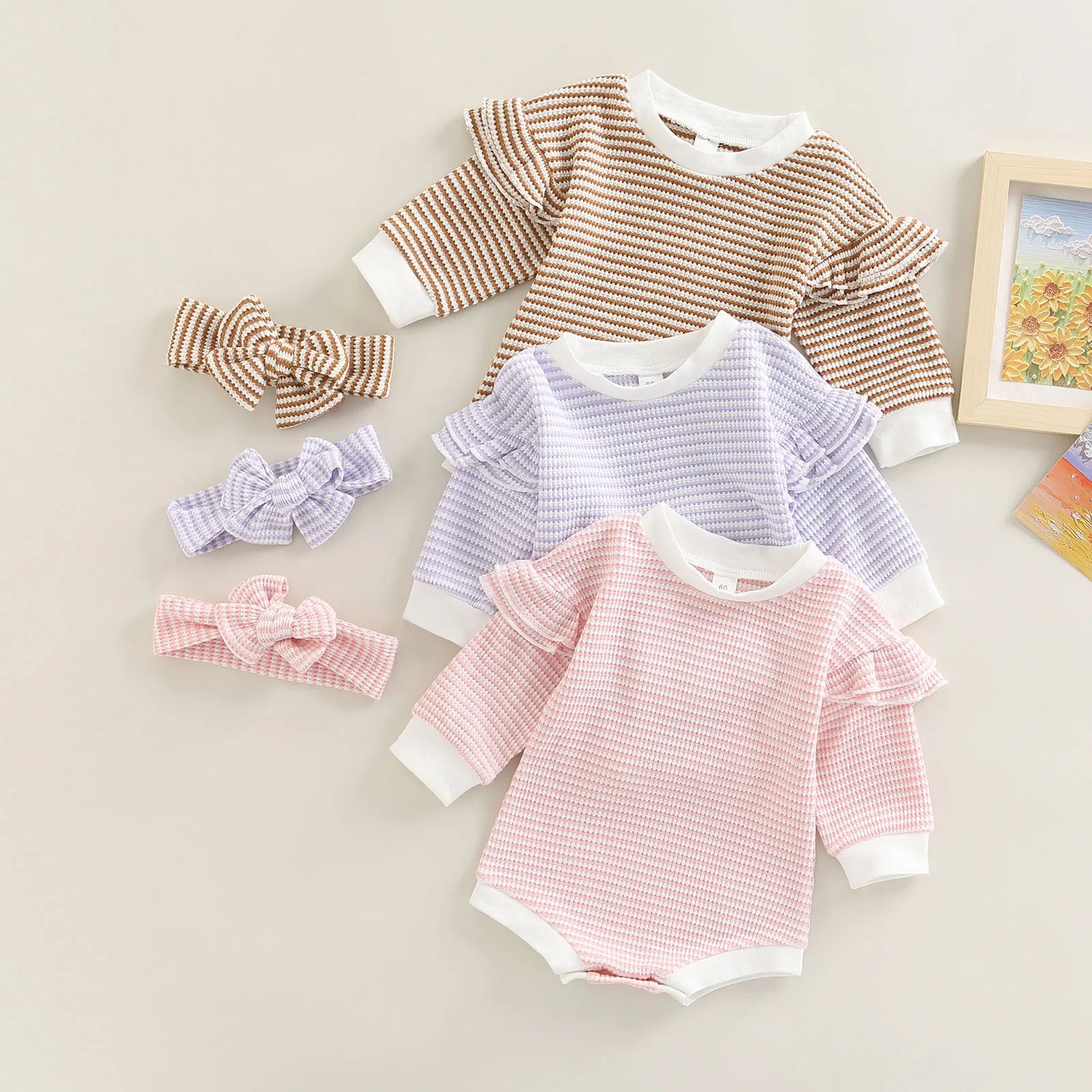 2Pcs Baby Girl Fall Outfit Stripe Patchwork Ruffle Long Sleeve Romper Hairband Set